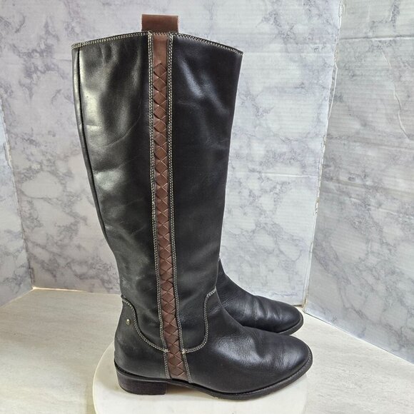 Pikolinos Garda Riding Boots Womens 41 US 10.5-11 Black Leather Brown Braid Trim